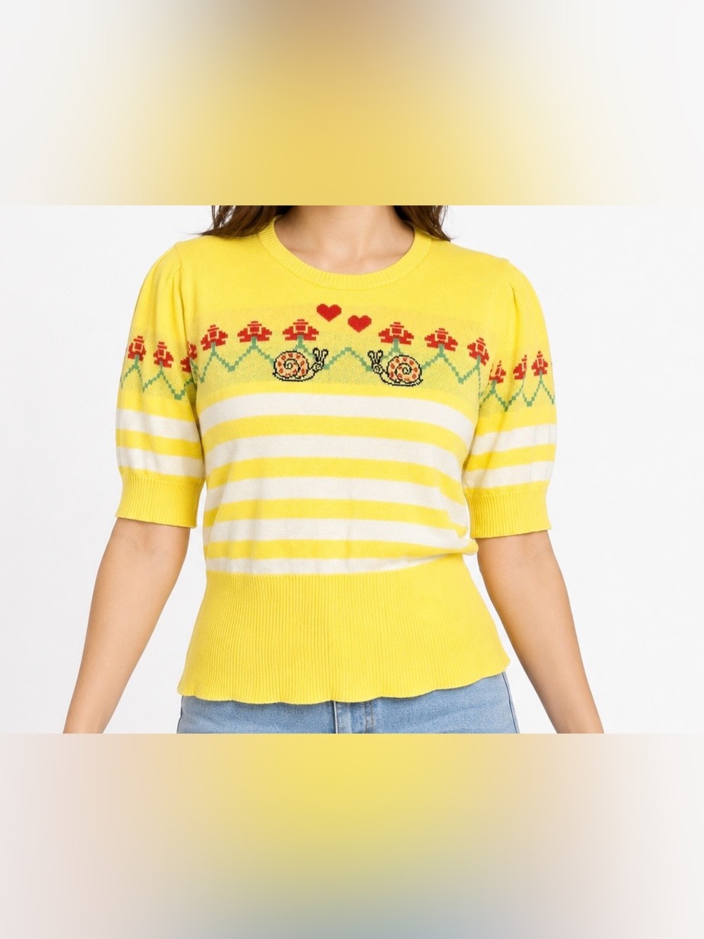 ModCloth Can’t Hurry Love Yellow Striped Snail Sweater Top Large